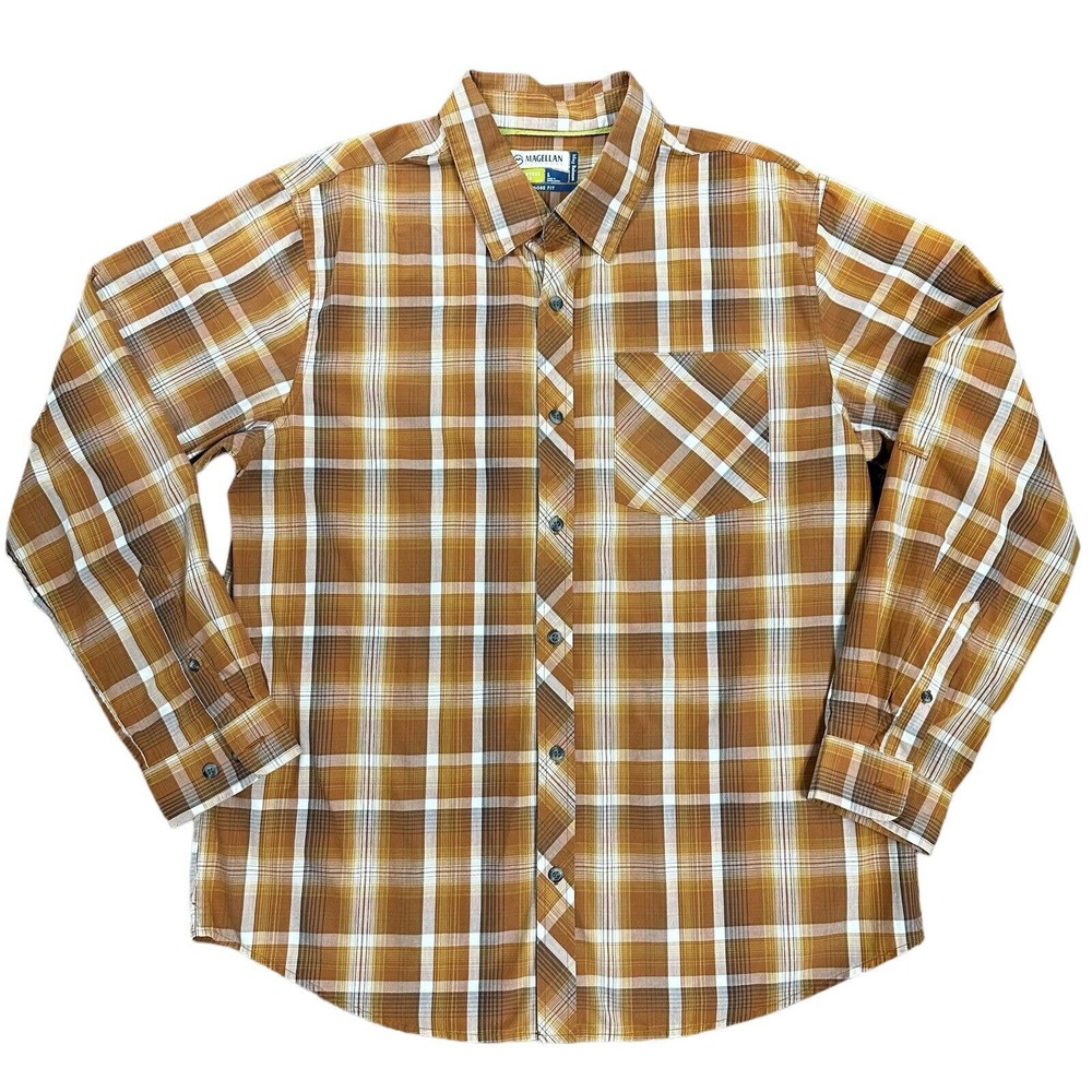 Magellan Outdoors Shirt Men Large‎ Orange Brown Plaid Fishing Hiking Long Sleeve